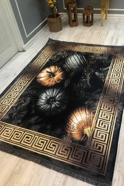 Kaymaz Taban Yıkanabilir Siyah Gold Bal Kabağı Desenli Vintage Halı Siyah-Gold 180 X 280