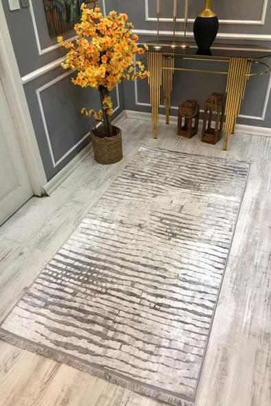 Kaymaz Taban Yıkanabilir Çizgili Gri Eskitme Desen Vintage Halı GRİ 80 X 300