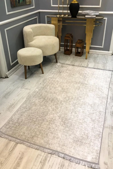 Kaymaz Taban Yıkanabilir Açık Gri Geometrik Vintage Desen Halı GRİ 80 X 150
