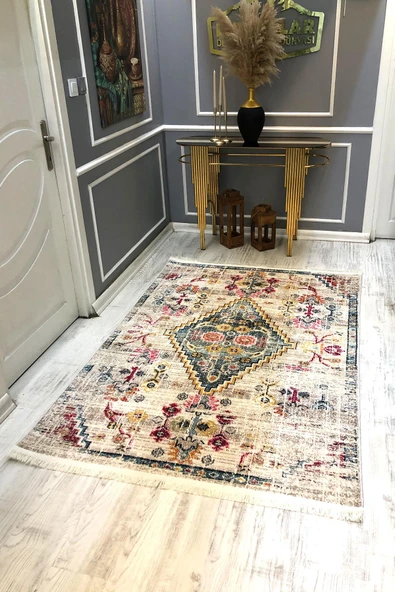 Kaymaz Taban Yıkanabilir Krem-Yeşil Vintage Halı RENKLİ 180 X 280