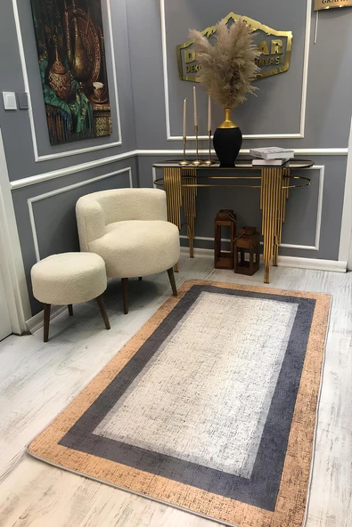 Kaymaz Taban Yıkanabilir Gri Zemin Kiremit çerçeve Vintage Desen Halı GRİ-TURUNCU 160 X 230