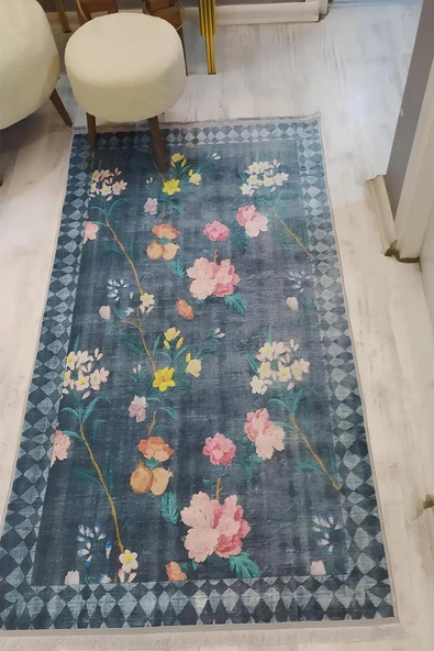 Kaymaz Taban Yıkanabilir Lacivert Zemin Çiçekli Vintage Desen Halı RENKLİ 80 X 300