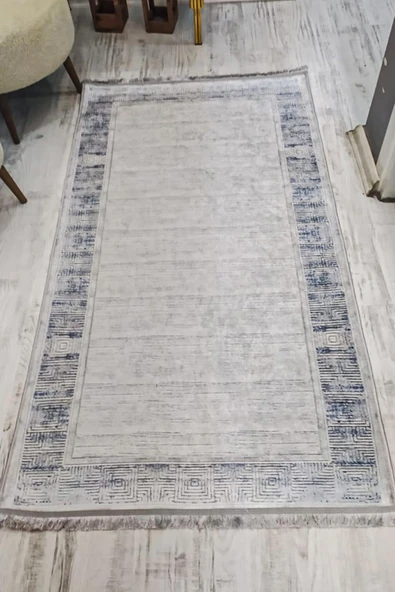 Kaymaz Taban Yıkanabilir Gri Zemin Mavi Çerçeveli Vintage Desen Halı GRİ-MAVİ 100 X 200
