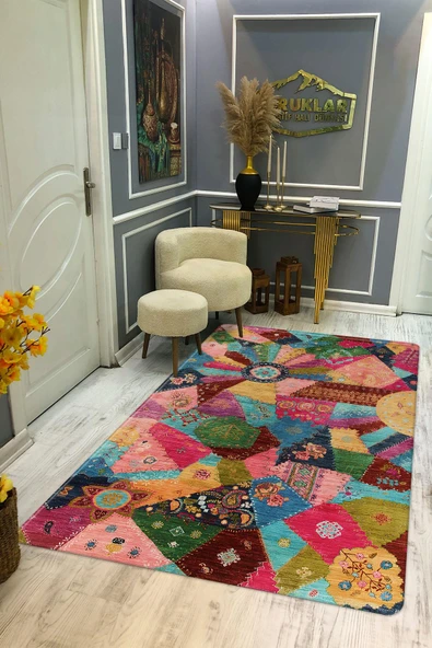 Kaymaz Taban Yıkanabilir Renkli Vintage Halı RENKLİ 80 X 150