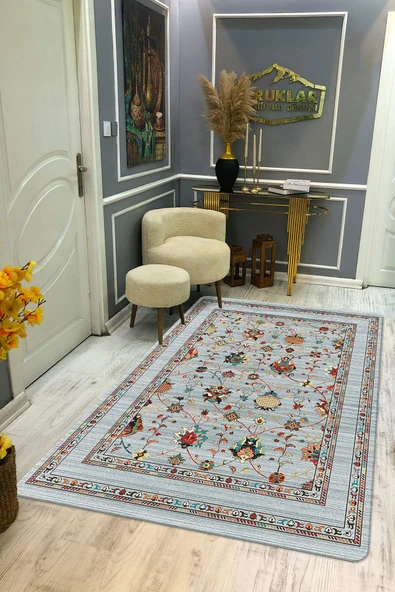 Klasik Desenli Açık Mavi Kaymaz Taban Yıkanabilir Leke Tutmaz Dot Taban Halı RENKLİ 180 X 280