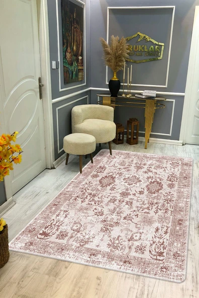 Klasik Desenli Kahve Renk Kaymaz Taban Yıkanabilir Leke Tutmaz Dot Taban Halı KAHVE TONLAMALI 80 X 200