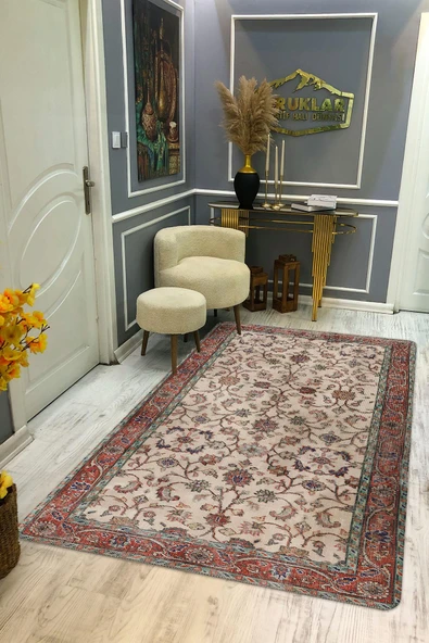 Klasik Desenli Kırmızı Çerçeveli Kaymaz Taban Yıkanabilir Leke Tutmaz Dot Taban Halı RENKLİ 100 X 200