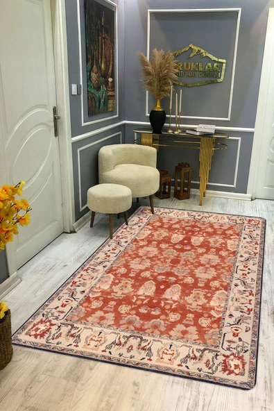 Klasik Desenli Kırmızı Renk Kaymaz Taban Yıkanabilir Leke Tutmaz Dot Taban Halı KIRMIZI 140 X 200