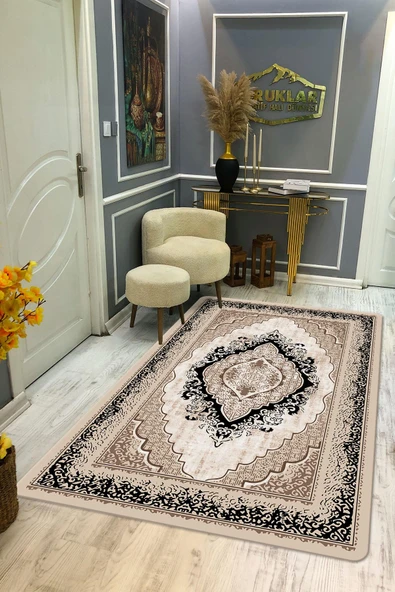 Klasik Desenli Kahve Renk Kaymaz Taban Yıkanabilir Leke Tutmaz Dot Taban Halı KREM 80 X 300