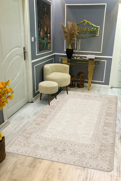 Klasik Desenli Krem Renk Kaymaz Taban Yıkanabilir Leke Tutmaz Dot Taban Halı KREM 140 X 200