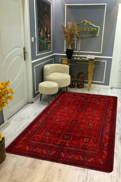 Klasik Desenli Kırmızı Kaymaz Taban Yıkanabilir Leke Tutmaz Dot Taban Halı KIRMIZI 80 X 200