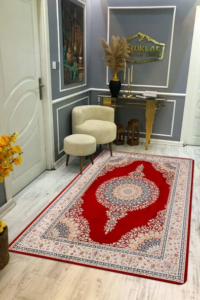 Klasik Desenli Kırmızı Renk Kaymaz Taban Yıkanabilir Leke Tutmaz Dot Taban Halı KIRMIZI 140 X 200