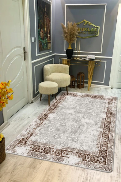 Kaymaz Tabanlı Yıkanabilir Leke Tutmaz Modern Klasik Desenli Salon Halısı Dot Taban Halı KLDH24 RENKLİ 80 X 150