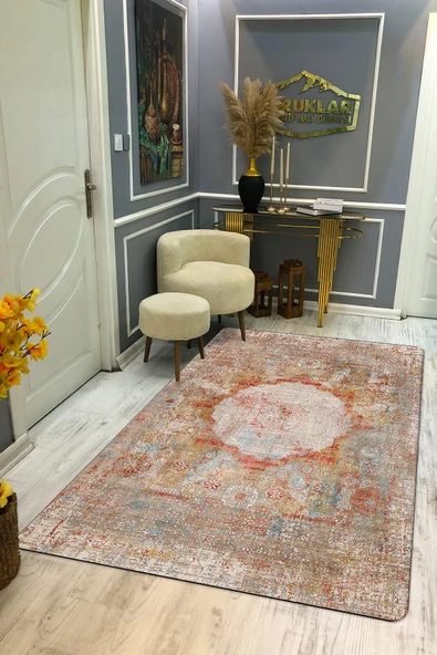 Kaymaz Tabanlı Yıkanabilir Leke Tutmaz Modern Klasik Desenli Salon Halısı Dot Taban Halı KLDH23 RENKLİ 100 X 300