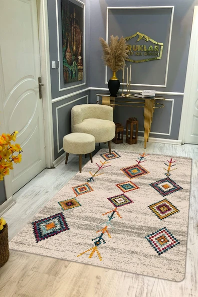 Kilim Desenli Kaymaz Tabanlı Yıkanabilir Leke Tutmaz Dot Taban Halı RENKLİ 140 X 200