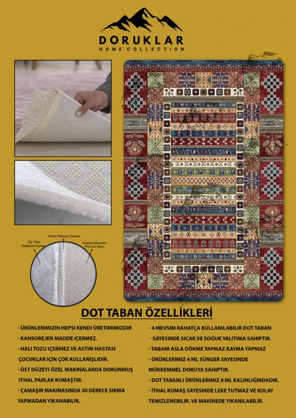 Kilim Desenli Kaymaz Tabanlı Yıkanabilir Leke Tutmaz Dot Taban Halı RENKLİ 140 X 200 - 2