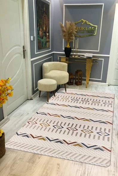 Kilim Desenli Kaymaz Tabanlı Yıkanabilir Leke Tutmaz Dot Taban Halı RENKLİ 80 X 300