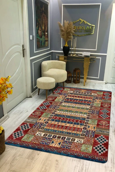 Kilim Desenli Kaymaz Tabanlı Yıkanabilir Leke Tutmaz Dot Taban Halı RENKLİ 120 X 180
