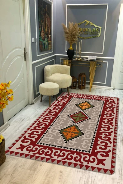 Kilim Desenli Kaymaz Tabanlı Yıkanabilir Leke Tutmaz Dot Taban Halı RENKLİ 80 X 300