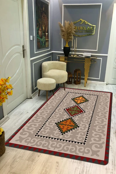 Kilim Desenli Kaymaz Tabanlı Yıkanabilir Leke Tutmaz Dot Taban Halı RENKLİ 80 X 300