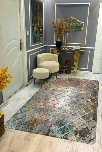 Kaymaz Tabanlı Yıkanabilir Leke Tutmaz Kilim Desenli Salon Halısı Dot Taban Halı KDH40 RENKLİ 120 X 180