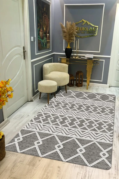 Kaymaz Tabanlı Yıkanabilir Leke Tutmaz Kilim Desenli Salon Halısı Dot Taban Halı KDH33 RENKLİ 80 X 300