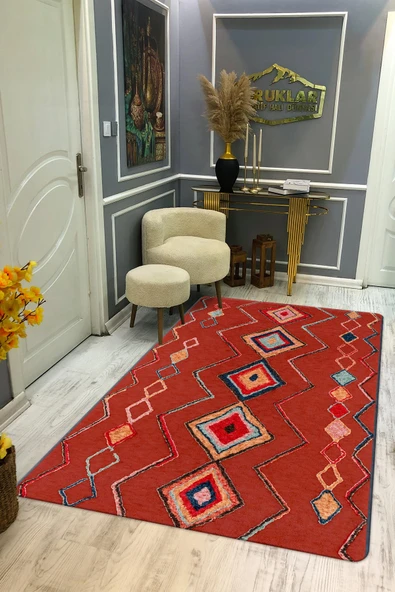 Kaymaz Tabanlı Yıkanabilir Leke Tutmaz Kilim Desenli Salon Halısı Dot Taban Halı KDH32 RENKLİ 200 X 300