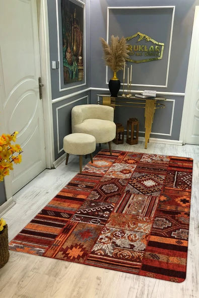 Kaymaz Tabanlı Yıkanabilir Leke Tutmaz Kilim Desenli Salon Halısı Dot Taban Halı KDH22 RENKLİ 100 X 300
