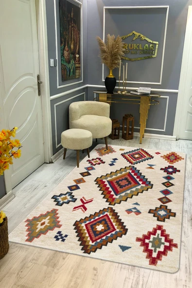 Kaymaz Tabanlı Yıkanabilir Leke Tutmaz Kilim Desenli Salon Halısı Dot Taban Halı KDH29 RENKLİ 180 X 280