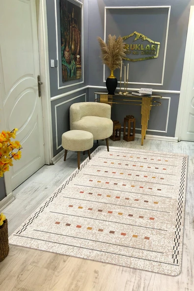 Kaymaz Tabanlı Yıkanabilir Leke Tutmaz Kilim Desenli Salon Halısı Dot Taban Halı KDH17 RENKLİ 140 X 200