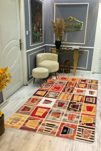 Kaymaz Tabanlı Yıkanabilir Leke Tutmaz Kilim Desenli Salon Halısı Dot Taban Halı KDH38 RENKLİ 140 X 200