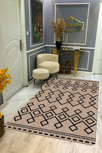 Kaymaz Tabanlı Yıkanabilir Leke Tutmaz Kilim Desenli Salon Halısı Dot Taban Halı KDH36 RENKLİ 160 X 230