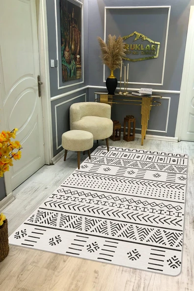 Kaymaz Tabanlı Yıkanabilir Leke Tutmaz Kilim Desenli Salon Halısı Dot Taban Halı KDH26 RENKLİ 160 X 230
