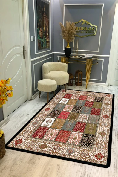 Kaymaz Tabanlı Yıkanabilir Leke Tutmaz Kilim Desenli Salon Halısı Dot Taban Halı KDH18 RENKLİ 80 X 200