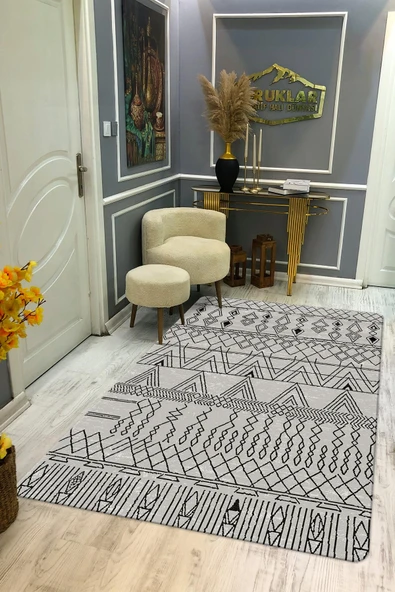 Kaymaz Tabanlı Yıkanabilir Leke Tutmaz Kilim Desenli Salon Halısı Dot Taban Halı KDH27 RENKLİ 80 X 150