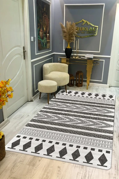 Kaymaz Tabanlı Yıkanabilir Leke Tutmaz Çizgili Kilim Desenli Salon Halısı Dot Taban Halı KDH30 RENKLİ 180 X 280