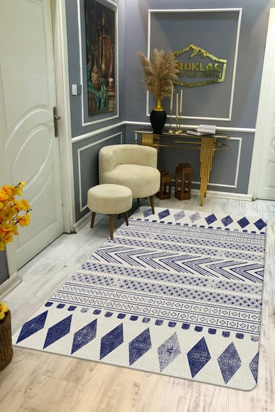Kaymaz Tabanlı Yıkanabilir Leke Tutmaz Kilim Desenli Salon Halısı Dot Taban Halı KDH39 RENKLİ 100 X 300