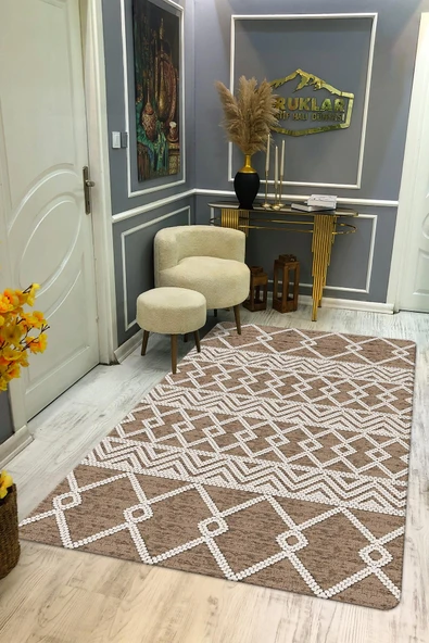 Kaymaz Tabanlı Yıkanabilir Leke Tutmaz Kilim Desenli Salon Halısı Dot Taban Halı KDH34 RENKLİ 180 X 280