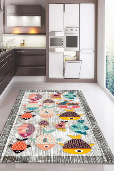 Kaymaz Taban Dijital Baskı Yıkanabilir Modern Desenli Mutfak Halısı RENKLİ 160 X 230