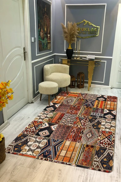 Kaymaz Tabanlı Yıkanabilir Leke Tutmaz Kilim Desenli Salon Halısı Dot Taban Halı KDH13 RENKLİ 100 X 300