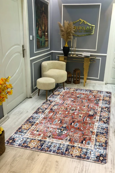 Kaymaz Tabanlı Yıkanabilir Leke Tutmaz Kilim Desenli Salon Halısı Dot Taban Halı KDH14 RENKLİ 100 X 300