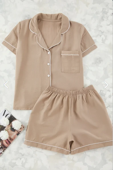 Büyük Beden Kısa Kollu Dokuma Gömlek Pijama Takımı- Geniş Beden Aralığı - - 8