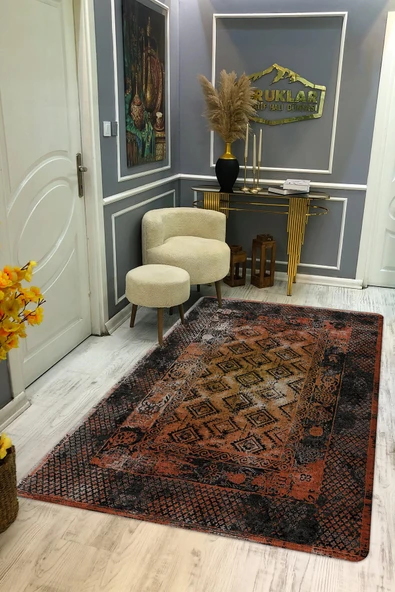 Kaymaz Tabanlı Yıkanabilir Leke Tutmaz Kilim Desenli Salon Halısı Dot Taban Halı KDH16 RENKLİ 140 X 200