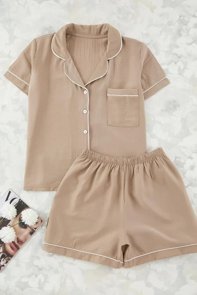 Büyük Beden Kısa Kollu Dokuma Gömlek Pijama Takımı- Geniş Beden Aralığı -