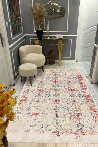 Eskitme Klasik Desenli Kaymaz Taban Yıkanabilir Leke Tutmaz Dot Taban Halı KREM-RENKLİ 180 X 280