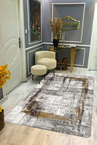 Kaymaz Taban Yıkanabilir Dijital Baskı Çerçeveli Eskitme Desenli Halı RENKLİ 100 X 300