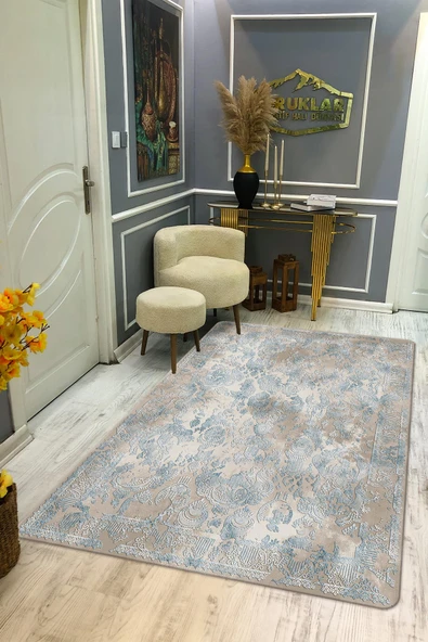 Kaymaz Taban Yıkanabilir Dijital Baskı Eskitme Desenli Salon Halısı RENKLİ 80 X 200