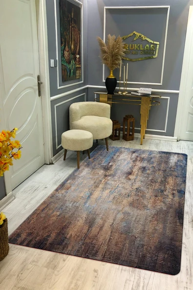 Kaymaz Taban Yıkanabilir Dijital Baskı Eskitme Desenli Salon Halısı RENKLİ 80 X 200