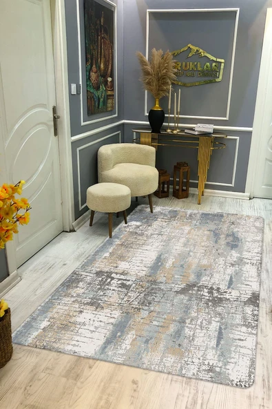 Kaymaz Taban Yıkanabilir Dijital Baskı Mavi Bej Eskitme Desenli Halı RENKLİ 100 X 300