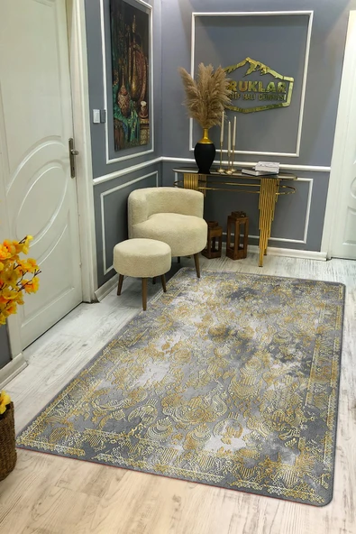 Kaymaz Taban Yıkanabilir Dijital Baskı Eskitme Desenli Salon Halısı RENKLİ 80 X 150
